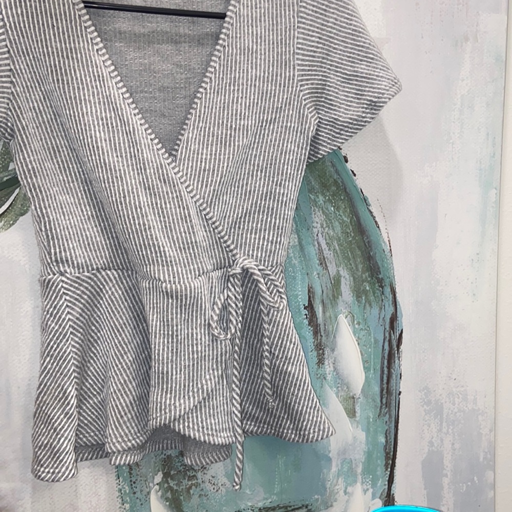Caution to the wind Blouse Grey and White stripe with cute V cut and bow tie